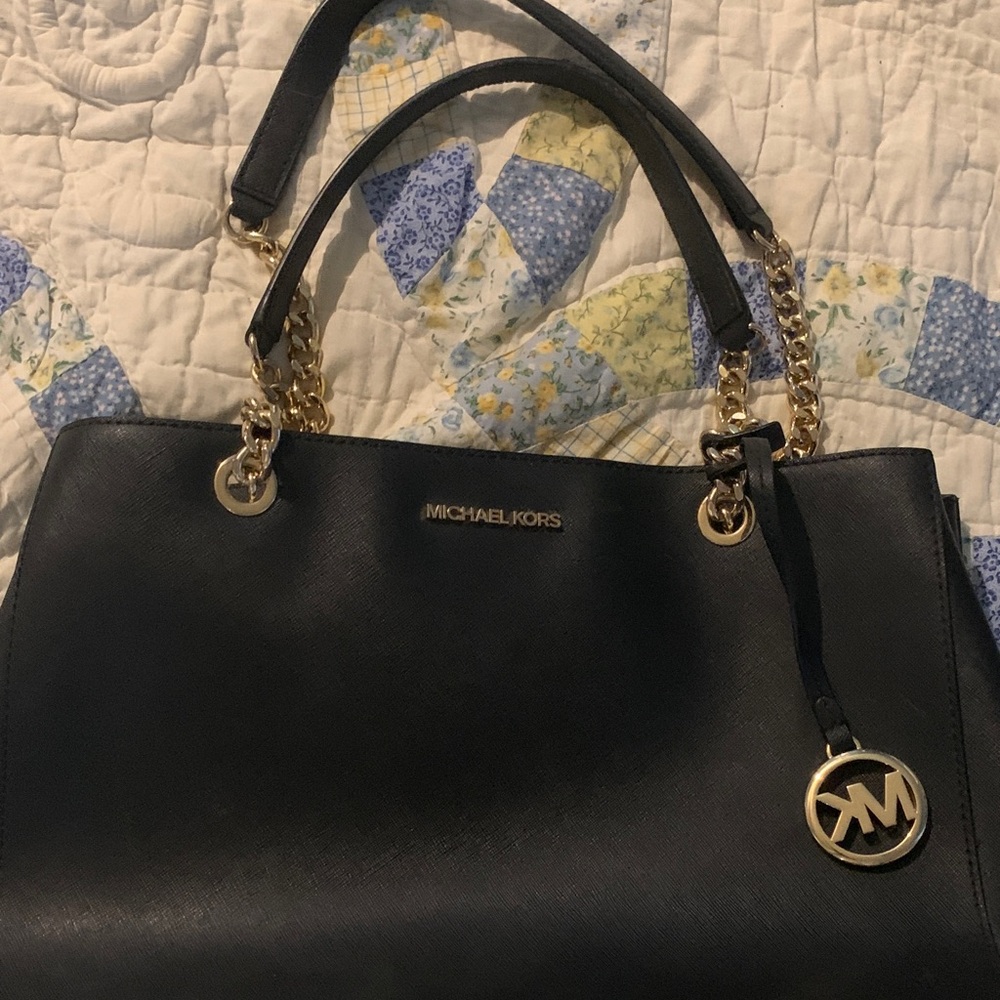 Michael Kors Black Leather Tote with Gold Hardware and Logo Charm